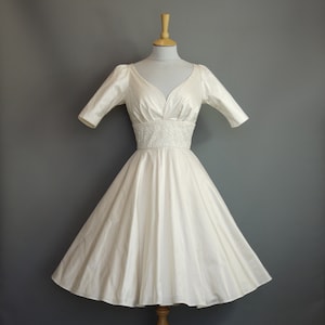 Ruby Wedding Dress in Ivory Silk with Lace Waistband - Knee Length Circle Skirt 1950s Bridal Dress - Made by Dig For Victory