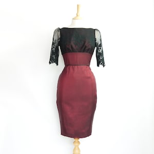 Size UK 10 (US 6-8) - Cranberry Taffeta and Black Meadow Lace Pencil Dress - 1950s Evening Dress - Made by Dig For Victory