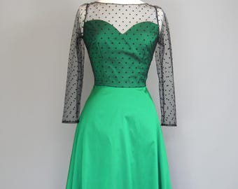 emerald green polka dot dress Green Long Sleeve Polka Dots Draped Mini Dress Green / 4