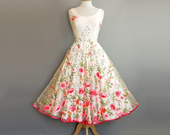 Pink & Red Dahlia Floral Lace and Vintage Satin Tea Length Wedding Dress - Made to order by Dig For Victory