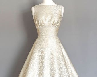 Silver and Pearl Brocade Tiffany Wedding Dress with Dipped Hem  - Made by Dig For Victory