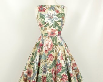 Tropical Blooms Vintage Cotton Sabrina Dress - Full Circle Skirt- Made by Dig For Victory