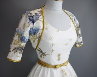 Blue & Gold Poppy Lace Bolero with Gold Trim - Made by Dig For Victory