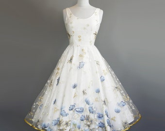 Size  UK 12 (US 8/EU 40) - Blue & Gold Poppy Lace Scoop Neck 1950s Tea Length Wedding Dress - by Dig For Victory
