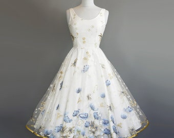 blue tea length dress
