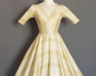 Vera Gold Champagne Stripe Silk Taffeta V Neck 1950s Style Wedding Dress - Made by Dig For Victory