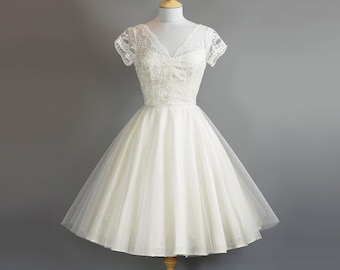 Princess Wedding Dress in Ivory Handloom Silk Dupion & Ivory Floral Lace - Tea Length Tulle Skirt - Made by Dig For Victory