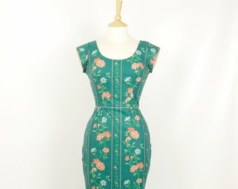 Marigold Vintage Cotton 1950s Floral Pencil Dress - Made by Dig For Victory