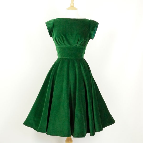 Forest Emerald Green Velvet Evening Dress with Circle Skirt and Cap Sleeves - Made by Dig For Victory