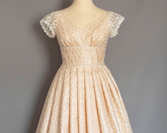Peach Satin & Dainty Flower Lace Wedding Dress - Made by Dig For Victory - Plus size