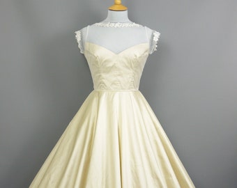 Size UK 12 (US 8/EU 40) - Grace Wedding Dress in Champagne Silk with 50s Illusion Neckline & Short Circle Skirt - Made by Dig For Victory