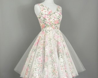 UK Size 8 Vintage Floral Cotton & Tulle Wedding Dress - One of a kind - Made by Dig For Victory