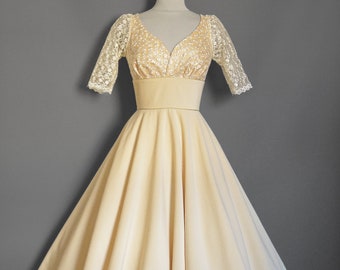 Blush Champagne Velvet & Blossom Lace Sweetheart - Tea Length Circle Skirt Dress - Made by Dig For Victory