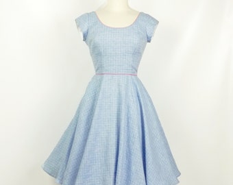 Pastel Blue & Pink Plaid Linen Swing Dress - Full Circle Skirt- Made by Dig For Victory