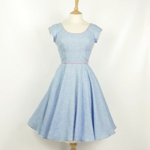 Pastel Blue & Pink Plaid Linen Swing Dress - Full Circle Skirt- Made by Dig For Victory