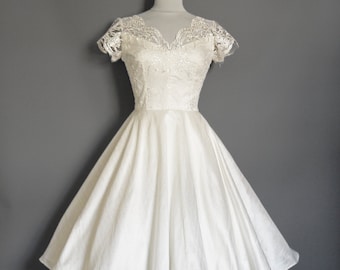 Ivory Silk Dupion & Cherry Blossom Sequin Lace Princess Bodice Wedding Dress - Made by Dig For Victory