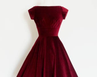 Deep Cherry Red Velvet Evening Dress with Circle Skirt and Cap Sleeves - Made by Dig For Victory