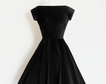 Deep Black Velvet Evening Dress - Audrey Hepburn - Circle Skirt and Cap Sleeves - Made by Dig For Victory