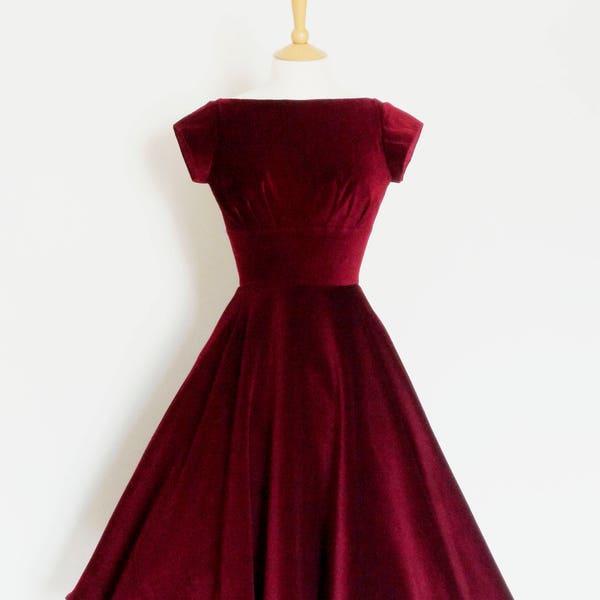 Deep Cherry Red Velvet Evening Dress with Circle Skirt and Cap Sleeves - Made by Dig For Victory