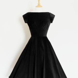 Deep Black Velvet Evening Dress - Audrey Hepburn - Circle Skirt and Cap Sleeves - Made by Dig For Victory