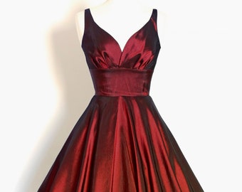 Cranberry Red Taffeta 50s Sweetheart Swing Dress - Made by Dig For Victory