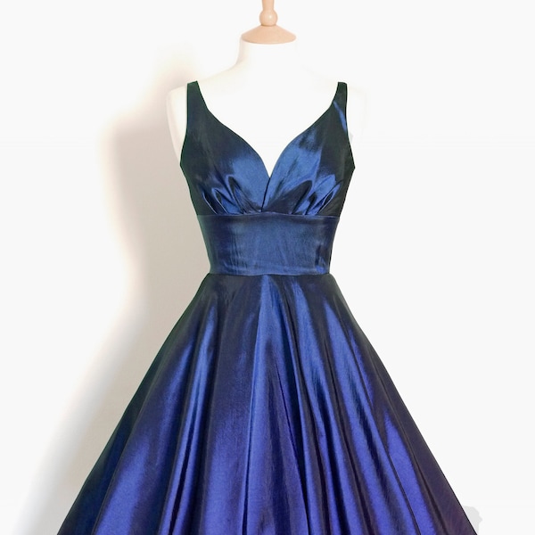 Midnight Blue Taffeta Sweetheart Swing Dress 1950s vintage style - Made by Dig For Victory