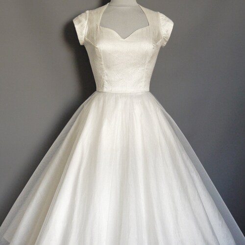 Ivory Silk Dupion & Tulle Cupids Bow Tea Length Wedding Dress - Made by Dig For Victory