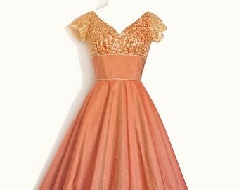 Pink Copper Silk & Gold Lace Sweetheart Swing Dress - Made by Dig For Victory - Bridesmaid