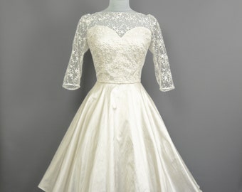 Grace Bustier Wedding Dress in Ivory Silk Dupion & Opheila Lace with 1950s Short Circle Skirt - Made by Dig For Victory