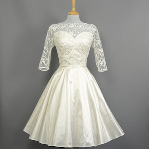 Grace Bustier Wedding Dress in Ivory Silk Dupion & Opheila Lace with 1950s Short Circle Skirt - Made by Dig For Victory