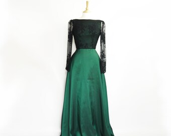 Emerald Green Taffeta and Lace Full Length Sabrina Gown - 1940s Evening Dress - Made by Dig For Victory