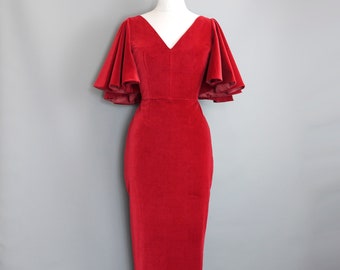Raspberry Red Cotton Velvet Harlow Midi Pencil Dress with Dramatic Butterfly Sleeves- Made by Dig For Victory