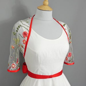 UK size 20 (US 18 / EU 48) - Botanical Lace Bolero with Red Trim - Made by Dig For Victory
