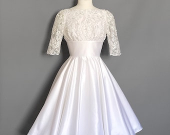 Holly Wedding Dress in Vintage Pearl Satin & Beaded Empress Lace  - Made by Dig For Victory