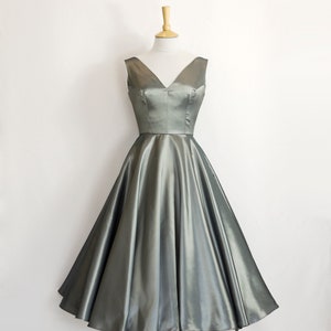 Pewter Shot Taffeta V-neck Tea Length Swing Dress  - 1950s Dress - Made by Dig For Victory