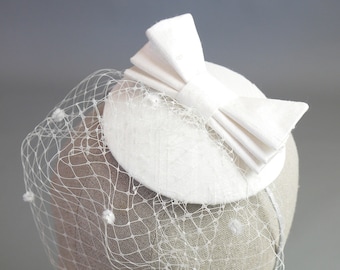 Ivory Silk Dupion Pillbox Hat Fascinator with Birdcage Veil - Wedding - Made by Dig For Victory!
