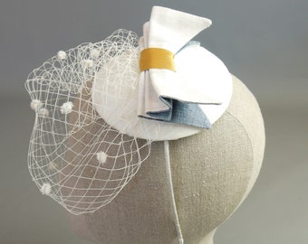 Blue & Gold Poppy Wedding Pillbox Veil -  Blue + Ivory Silk - Birdcage - Made by Dig For Victory!