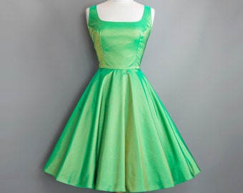 Jade Green Taffeta Square Scoop Neck 50's Swing Dress - Made by Dig For Victory