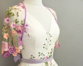 Purple Dahlia Floral Lace Bolero with lace sleeves - Made by Dig For Victory