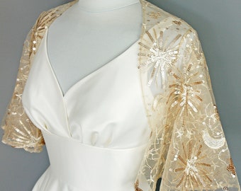 Size UK 14 (US 10-12 / EU 42) - Celestial Bolero in Gold Moon & Stars Lace with elbow length Butterfly sleeves - Made by Dig For Victory