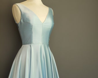 Powder Blue Satin V Neck Tea Length Swing Dress - Made by Dig For Victory