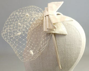 Champagne Bow & Birdcage veil - Fascinator Headband - Made by Dig For Victory!