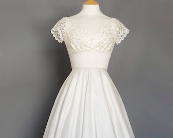 Ruby Tea Length Circle Skirt Wedding Dress - Ivory Silk Dupion & Daisy Chain Lace - Made by Dig For Victory