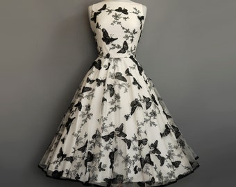 UK Size 12 3D Butterfly Lace Sabrina 1950s Tea Length Wedding Dress in Black and Ivory - Made by Dig For Victory