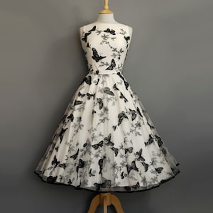 UK Size 12 3D Butterfly Lace Sabrina 1950s Tea Length Wedding Dress in Black and Ivory - Made by Dig For Victory