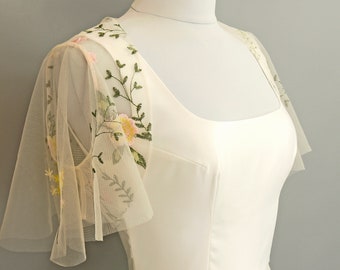 Yellow & Peach Dahlia Floral Lace Bolero with lace sleeves - Made by Dig For Victory