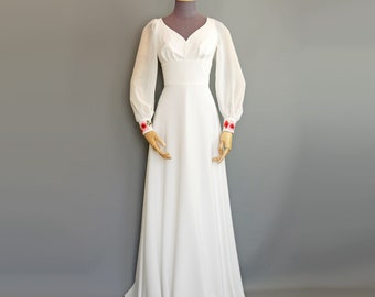 Floral Isadora Wedding Gown in Ivory Matt Crepe and Chiffon with Colourful Embroidered Cuffs -  Made to order by Dig For Victory