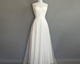 Nova Wedding Gown in Stars and Dot Flocked Tulle Lace with Illusion Neckline - Made by Dig For Victory