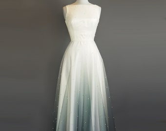 Size UK 10 (US 6-8) - Boat Neck Wedding Gown in Grey Ombre & Pearl Lace  - Made by Dig For Victory