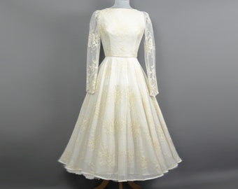 Size 12 (US 8/EU 40) Floral Wedding Dress with 1950s Tea Length Circle Skirt & Long Sleeves - Made by Dig For Victory